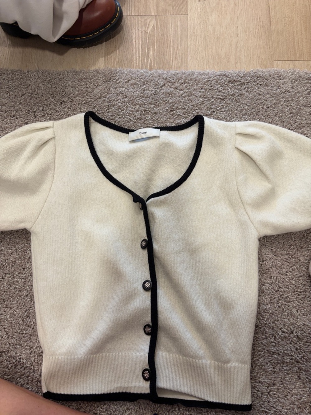 Dune Cream Short-Sleeve Button-Down Cardigan with Black Trim
